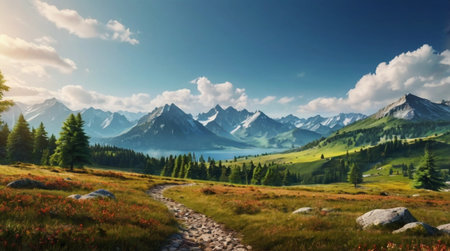 Panoramic view of beautiful alpine meadow and mountain range