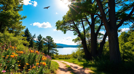 Beautiful summer landscape with lake, forest, road and blue sky
