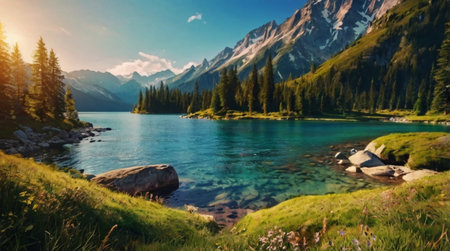Panoramic view of mountain lake with clear turquoise water.