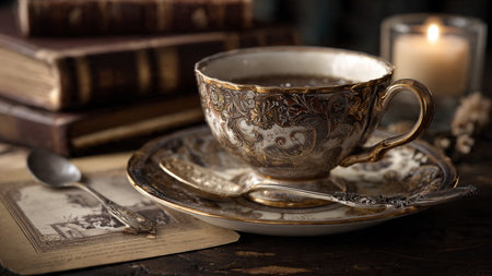 Cup of coffee and old books on a dark wooden background.
