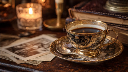 Vintage coffee cup and old books on wooden table. Selective focus.
