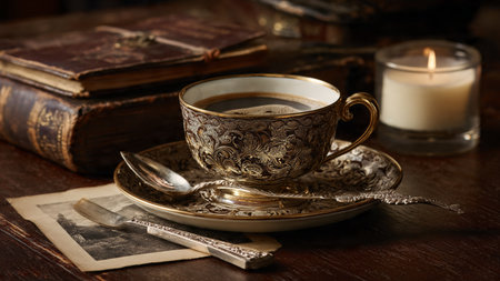 Cup of coffee and old books on wooden table. Vintage style.