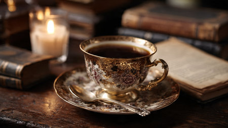 Cup of coffee and old books on wooden table, closeup