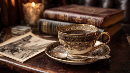 Cup of coffee and old books on a wooden table. Vintage style.