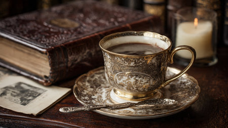 Cup of coffee, old book and candle on wooden table.