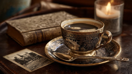 Coffee cup and old book on the table. Vintage style.