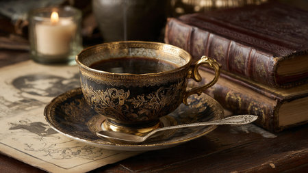 Coffee cup and old books on a wooden table. Vintage style.