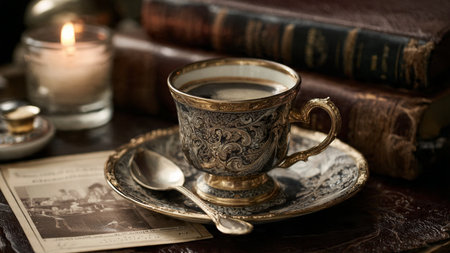 Cup of coffee and old books on the table. Selective focus.