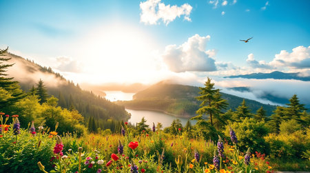 Beautiful summer landscape with wildflowers on the mountain lake.
