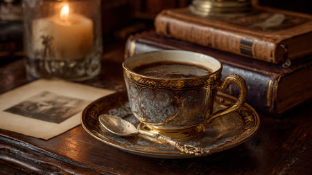 Coffee cup, old books and candle on a wooden table