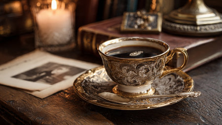 Cup of coffee and old books on a wooden table. Vintage style.