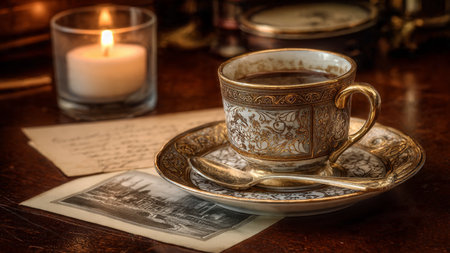 Cup of coffee on the table with old book and candle.