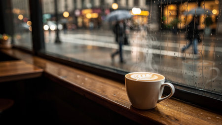 Coffee cup on the wooden table in coffee shop with rain