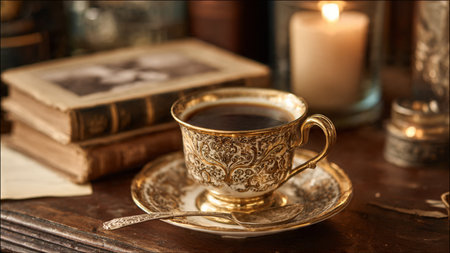 Cup of coffee with books on the table. Vintage style.