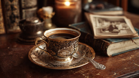 Cup of coffee and old books on a wooden table. Vintage style.