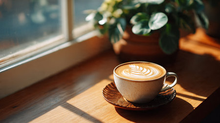 Cup of coffee with latte art on wooden table near window