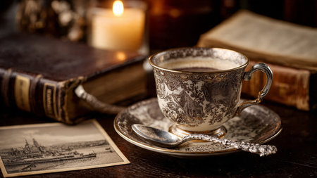 Coffee cup and old book on the table in the dark