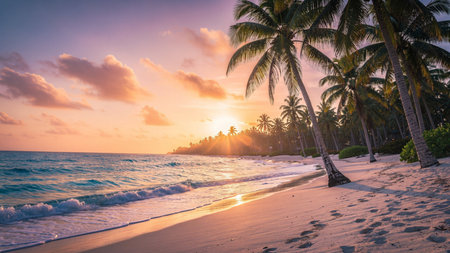 Beautiful tropical beach with coconut palm tree at sunset time - Vintage Filter