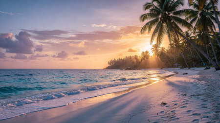 Beautiful tropical beach and sea with coconut palm tree at sunset time - Holiday Vacation concept