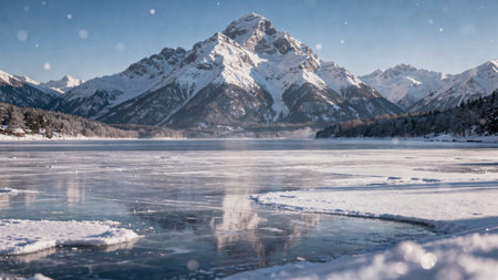 Winter landscape with snowy mountains and frozen lake in front of it.