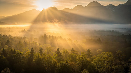 Foggy morning in the mountains. Beautiful landscape with sunbeams