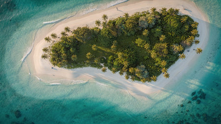 Aerial view of tropical island with palm trees and sandy beach.