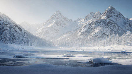 Panoramic view of snow-capped mountain peaks and frozen lake in winter.