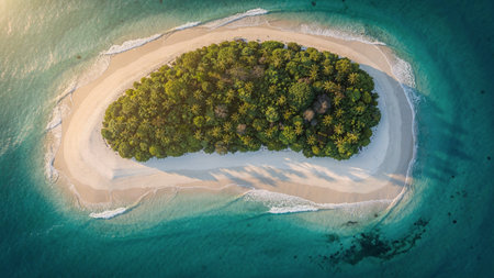 Aerial view of beautiful tropical island with white sand beach and green trees