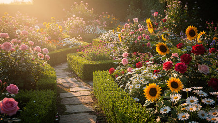 Beautiful flower garden with sunflowers and chamomiles
