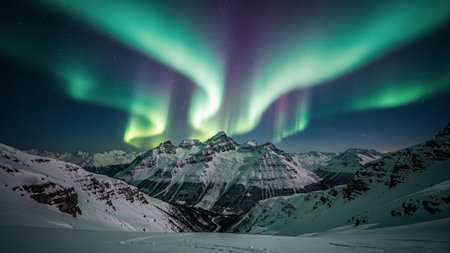 Aurora borealis, northern lights over snowy mountains in winter