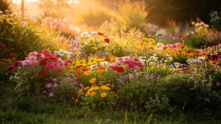 Colorful flowers in the garden at sunset time. Nature background.