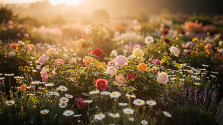 Colorful blooming flowers in the garden at sunset. Beautiful nature background