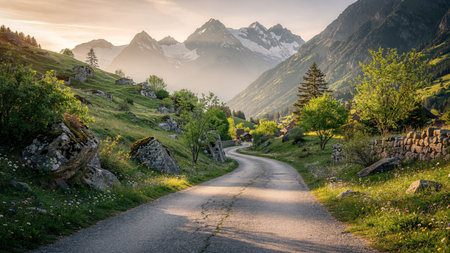 Mountain road in the Swiss Alps in the morning, Switzerland.