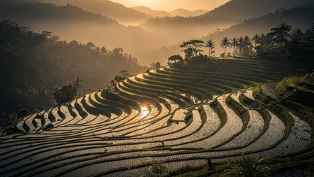 Terraced rice field at sunset in Bali, Indonesia.