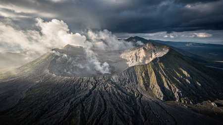 Aerial view of Mount Bromo volcano in Bromo Tengger Semeru National Park, East Java, Indonesia