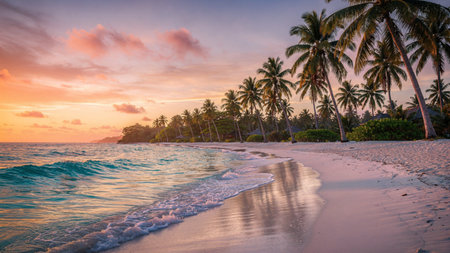 Beautiful sunset on the beach with palm trees, Seychelles