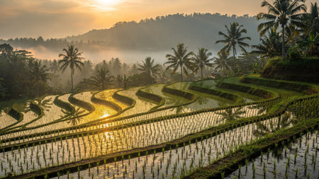 Sunrise over rice terraces in Bali, Indonesia. Bali is one of the most beautiful places in the world.