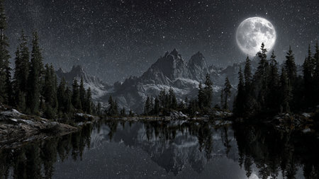 Moon over a mountain lake at night with reflection in the water.