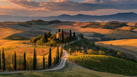 Tuscany landscape at sunset, San Quirico d Orcia, Tuscany, Italy