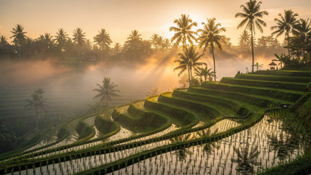 Terraced rice field at sunrise in Bali, Indonesia.