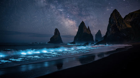 Fantastic starry night at Reynisfjara Beach, Iceland