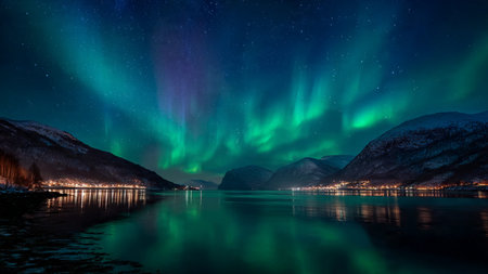 Aurora borealis over fjord and mountains in Norway