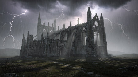 Conceptual image of a storm approaching the ruins of a church