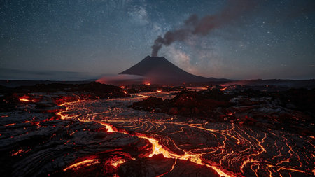 Volcanic eruption in Kamchatka. Starry night sky with stars.