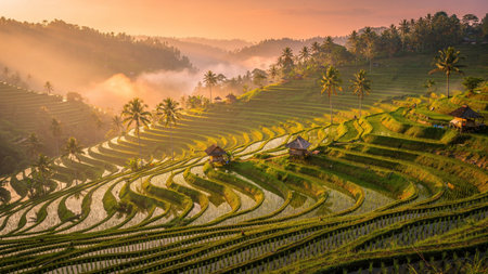 Rice fields on terraced at sunset in Bali, Indonesia