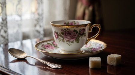 A cup of tea on a wooden table with a saucer and a spoon
