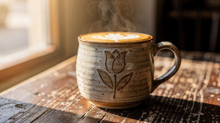 Coffee cup with latte art on wooden table in cafe