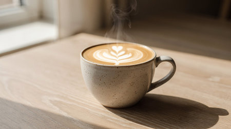 Cup of coffee with latte art on wooden table, stock photo