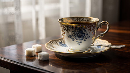 Cup of coffee with sugar on a wooden table. Selective focus
