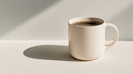 Coffee cup on a white background with shadow from the window